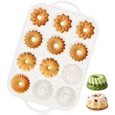 Vinino 3 Inch Mini Fluted Cake Pan, 1 Pack with Metal Frame | 4 Shapes 12 Cavity Mini Cake Mold for Flan, Jello, Pudding, Brownies &amp; Desserts, Easy Release Silicone Design