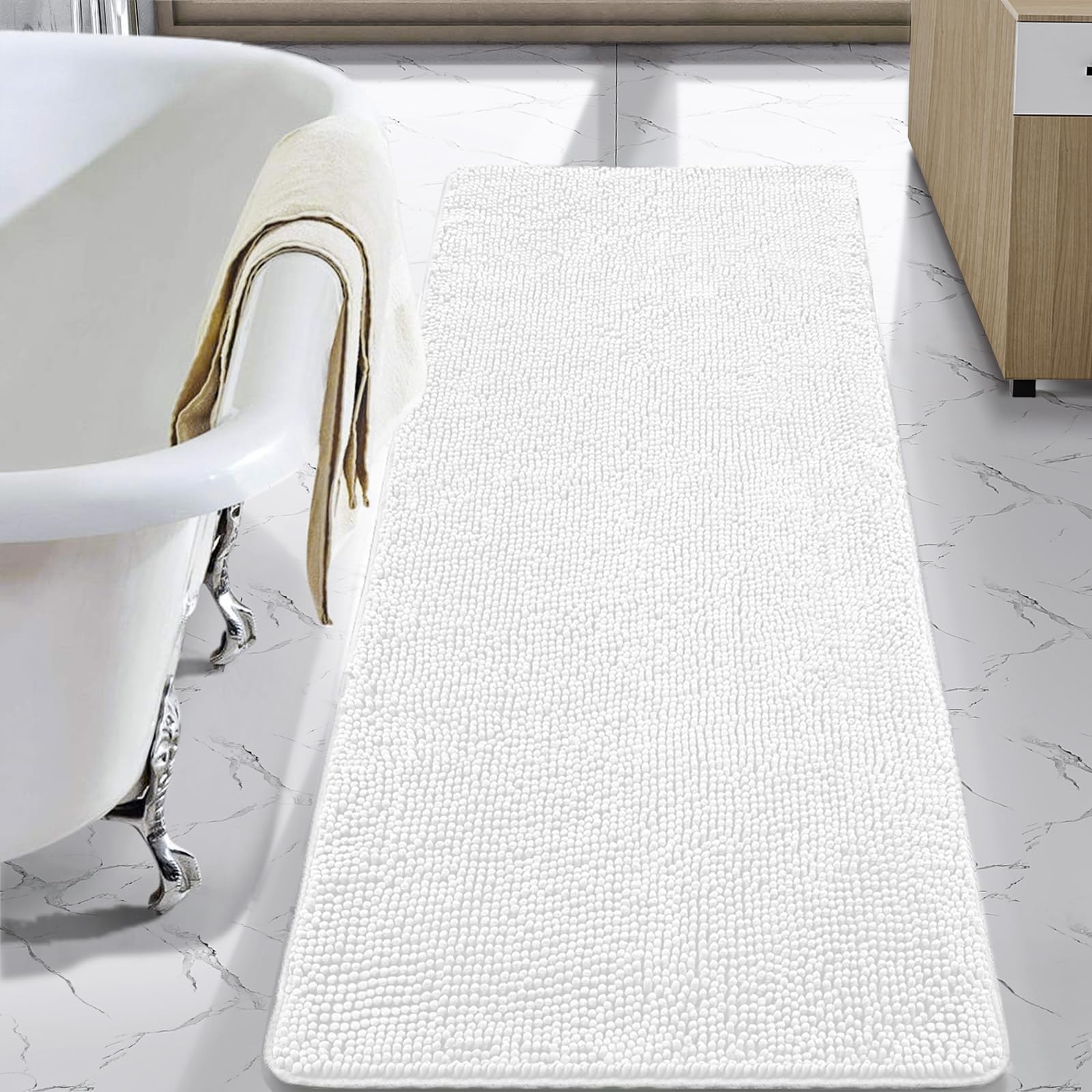 Photo 1 of LOCHAS Luxury Bathroom Rug Shaggy Bath Mat 24 x 60 Inch, Washable Non Slip Bath Rugs for Bathroom Shower, Soft Plush Chenille Absorbent Carpets Mats, White