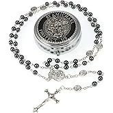 OEMOO Saint Michael the Archangel Hematite Black Stone Beads Catholic Rosary Necklace with Metal Gift Box for Men in Metal Gift Box