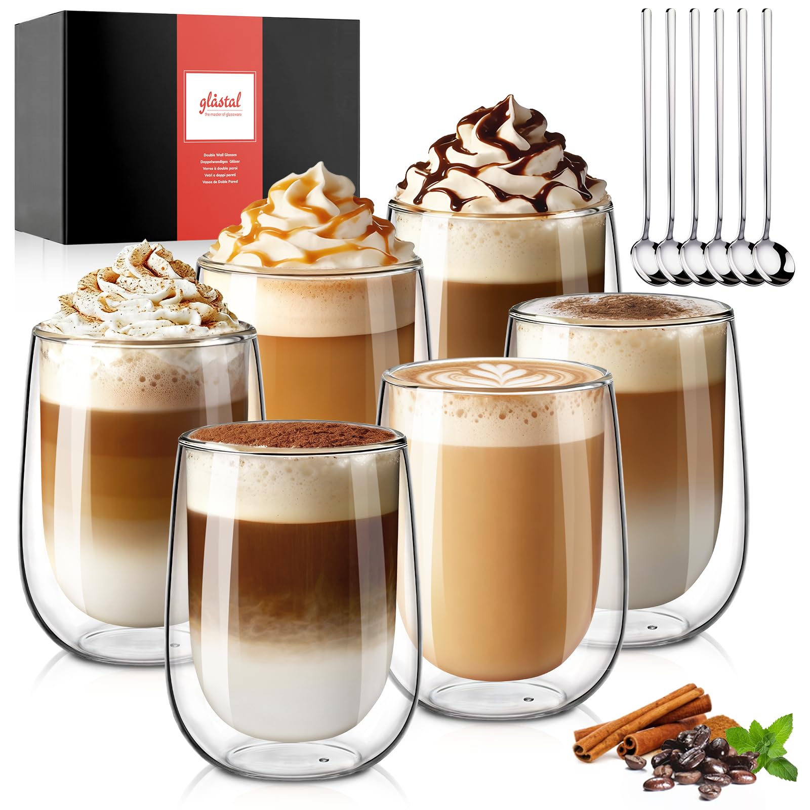 glastal 6x350ml Double Walled Coffee Glasses Mugs Cappuccino Latte Macchiato Glasses Cups for Coffee Tea Milk Juice Ice Cream Borosilicate Heat Resistant Glass Cups