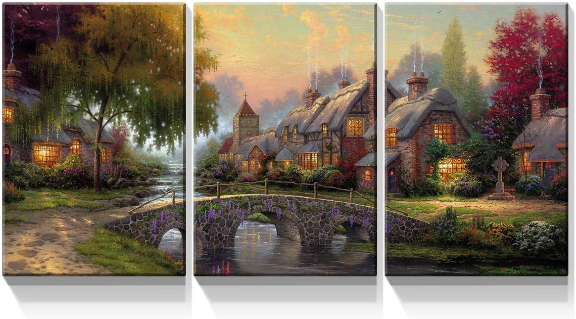 Paintings - Denozer - 3 Panels Canvas Wall Art Thomas Kinkade Garden Landscape Oil Painting for Home Decor Stretched and Framed Ready to Hang - 18