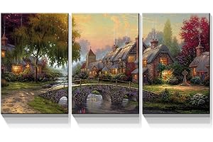 Denozer - 3 Panels Canvas Wall Art Thomas Kinkade Garden Landscape Oil Painting for Home Decor Stretched and Framed Ready to Hang - 18"x24"x3 Panels Wall Decor
