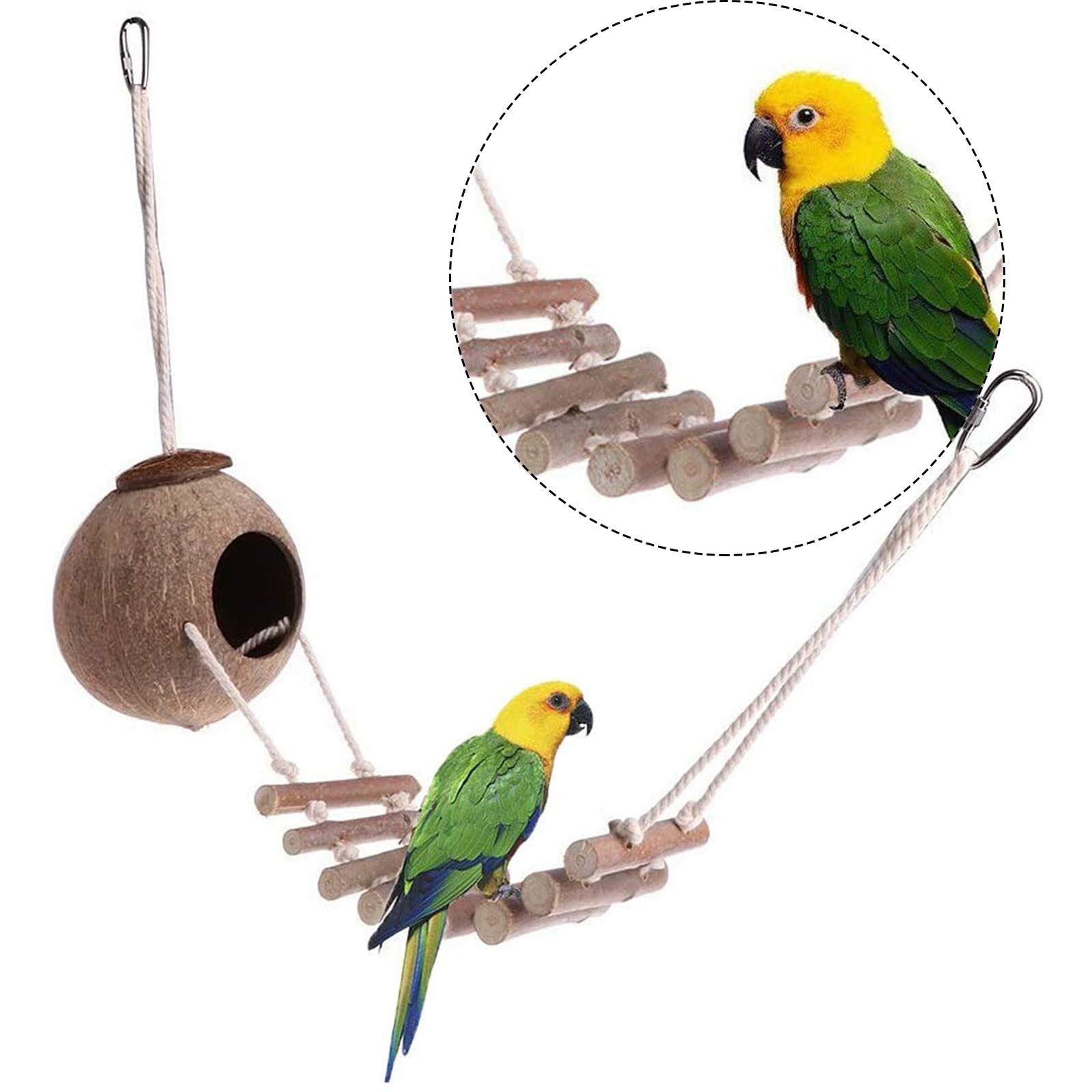 Natural Coconut Shell Bird Nest Natural Bird Nest With Ladder Bird Hamster Coconut Shell House Swing Nest For Parrot Coconut Shell Bird Cage Ladder Bridge For Bird Cages 67cm For Birds Budgies Parrots