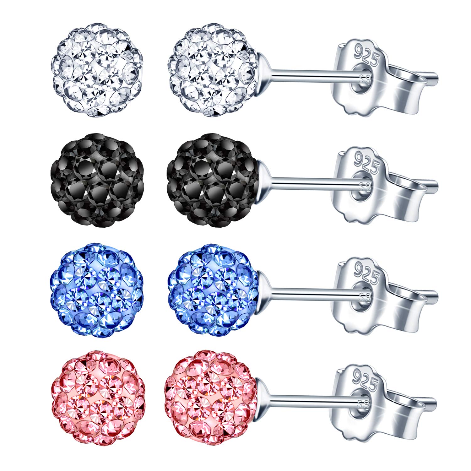 4 Pairs Women Sterling Silver Studs Sparkly Crystal Disco Ball Stud Earrings Set