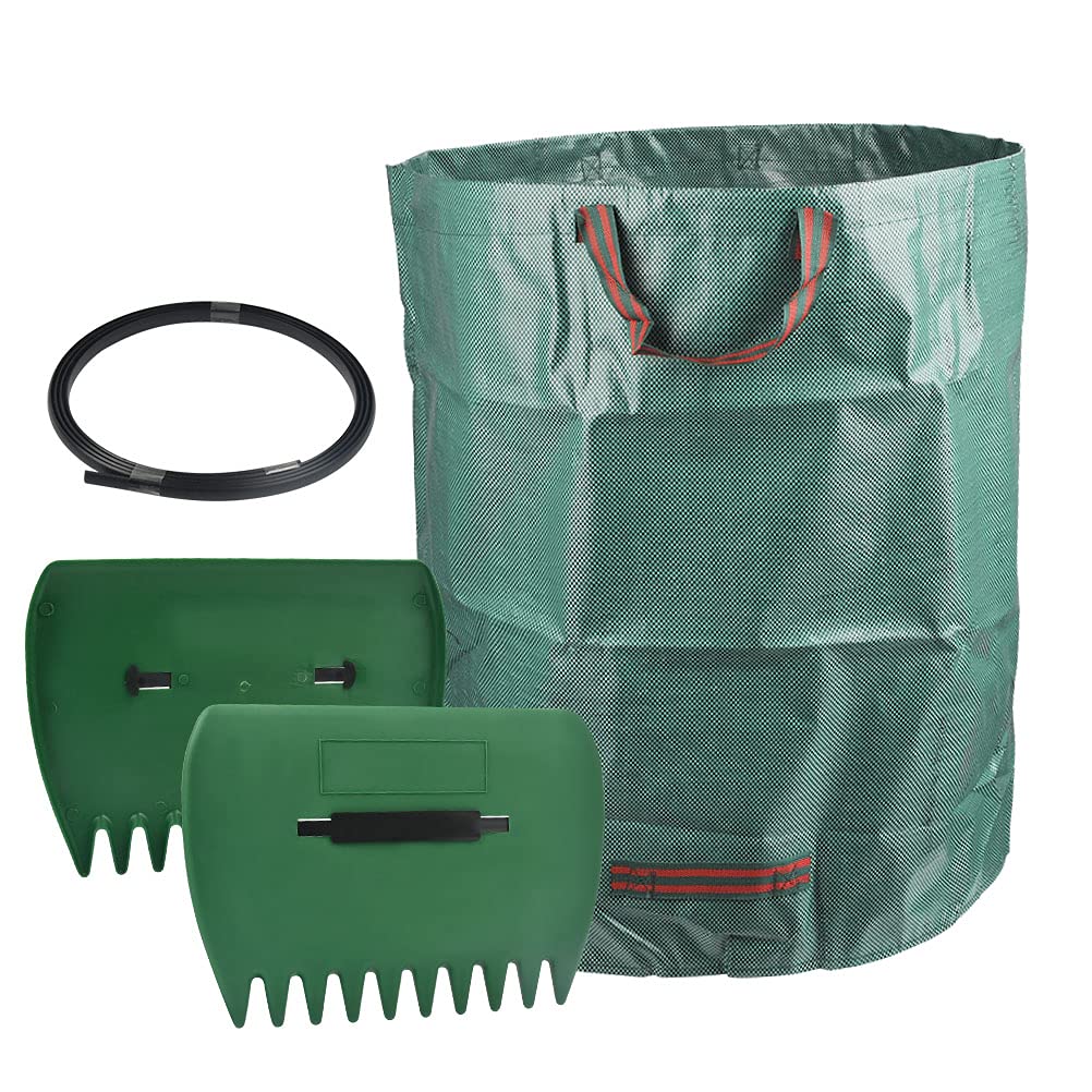 3 Pcs Leaf Picker & 300L Large Garden Waste Bags Set,34×25cm Leaf Shovel Hand Rake Leaf Claw Collector,84×67cm Waterproof Rubbish Refuse Sacks with Handles,for Garden(With 1 Reinforced Support Rope)
