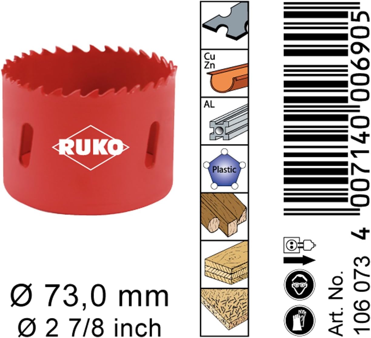 Ruko HSS Bi-Metal Hole Saw with Varied Toothing, Red Finish, 73mm Diameter, R106073, 73 mm - Image 4