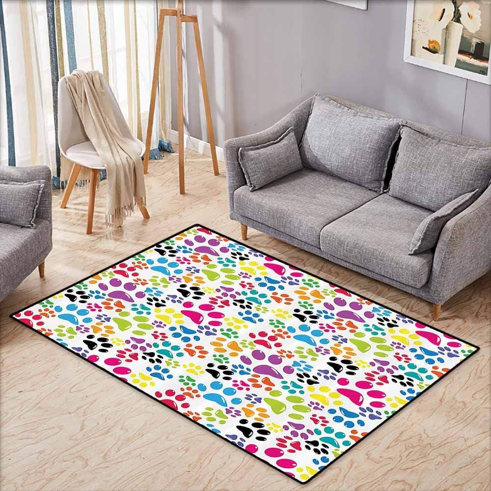 Living Room Rug,Dog Lover Decor,Colorful Little Paws Cute Steps Childish Artwork Cartoon Unusual Traces Design,Anti-Slip Doormat Footpad Machine Washable,3'11"x5'10",Purple Blue Green