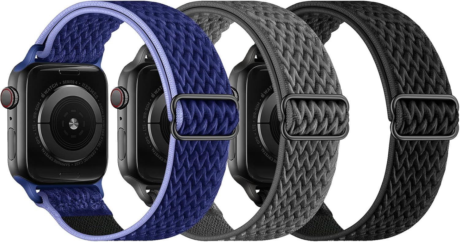 KADES Stretchy Solo Loop Strap Compatible with Apple Watch Bands 42mm 44mm, Adjustable Braided Sport Elastics Nylon Wristband Compatible with iWatch Series 6/5/4/3/2/1 SE (Black+Gray+Blue)