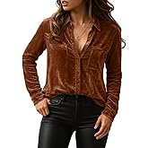 Womens Velvet Tops Casual Vintage Long Sleeve Lapel Neck Button Down Shirts Trendy Clothes 2025