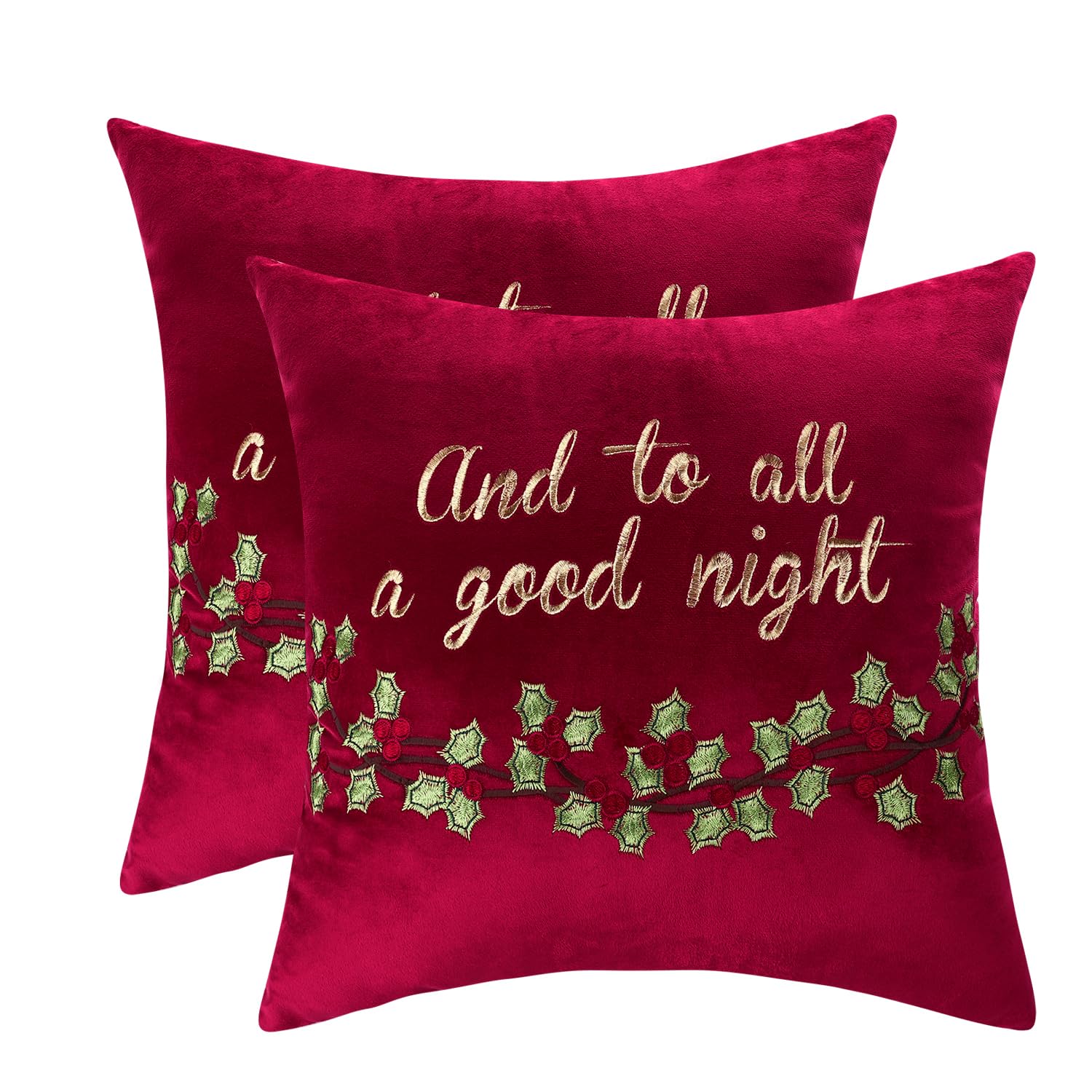 Tosleo Christmas Throw Pillow Cover 18 x 18 inch Set of 2 Green Leaves Flower Pillow Case Party Red Pillowcase Decorations Winter Holiday Cushion Case