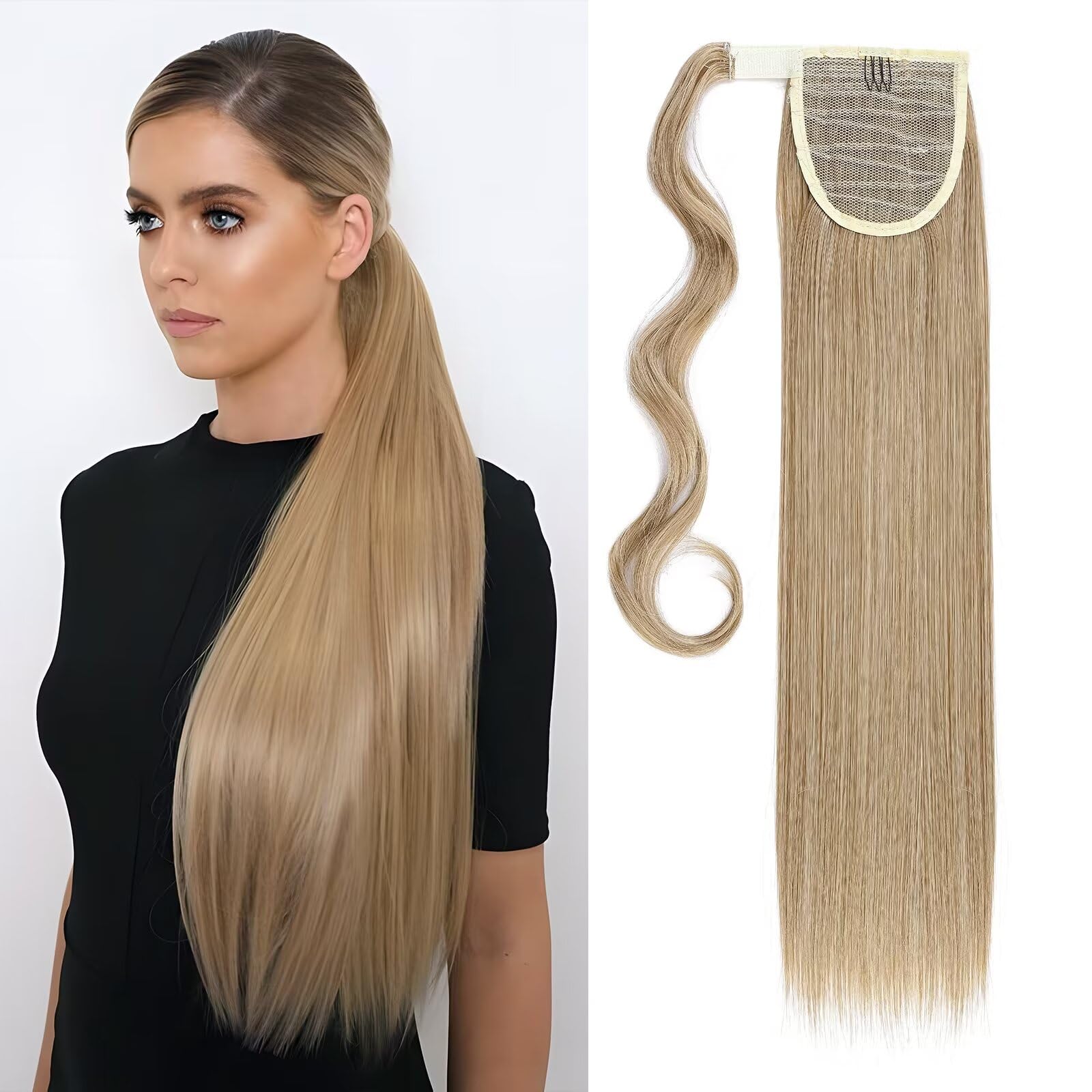 Silk-co Ponytail Extensions 23inch Straight Hair Extensions Wrap around Ponytail Hairpiece Synthetic Clip in(Ash&Bleach Blond) — image 1