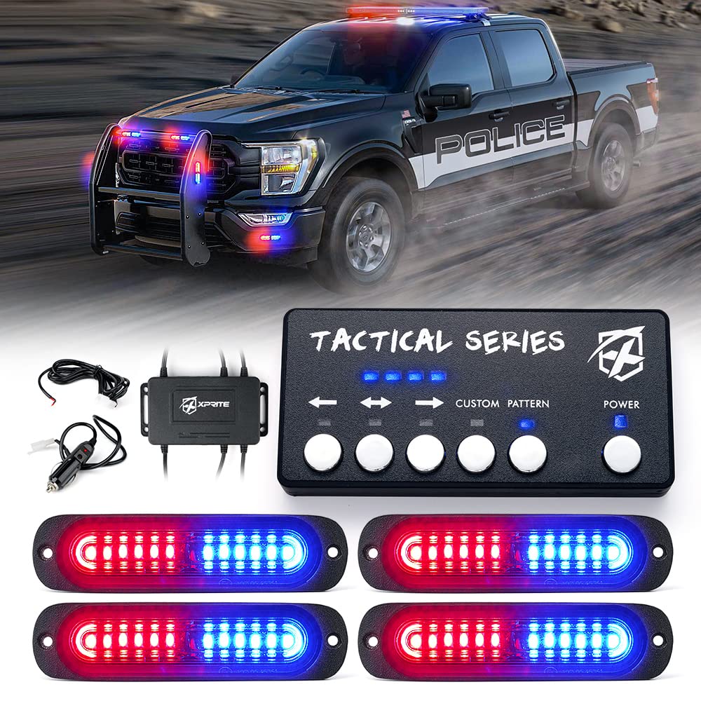 Xprite Red Blue LED Surface Mount Strobe Police Lights Kit, w/Control Panel Emergency Safety Warning Flashing Grille Cop Marker Light Assembly for Vehicles Trucks ATV UTV Motorcycle 4PCS