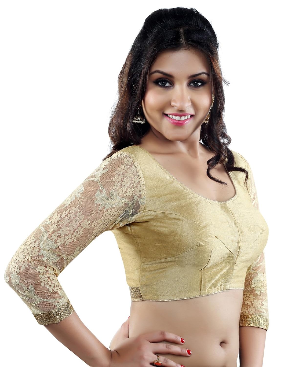 studio shringaar golden blouse with lace sleeves