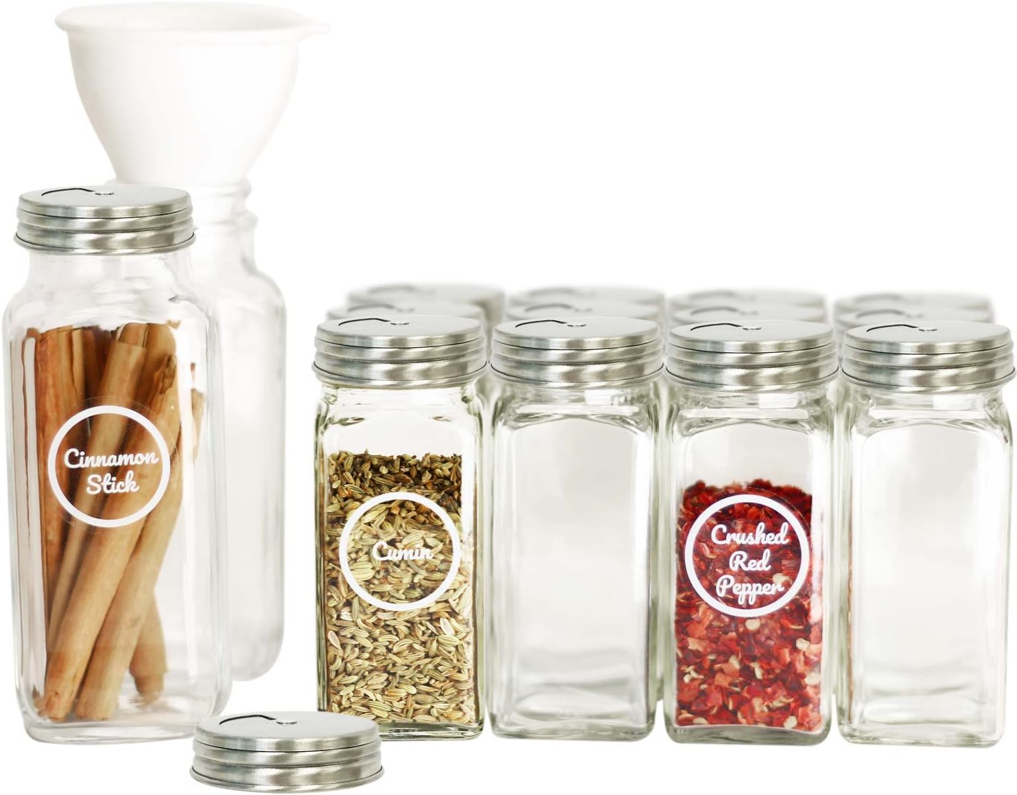 SpiceLuxe Premium Spice Jar Set -14 Empty Square Glass Jars, Stainless Dispenser Lids, 100 Spice Labels and Easy Pour Funnel - Decorative Containers Organize Your Spice Rack or Pantry