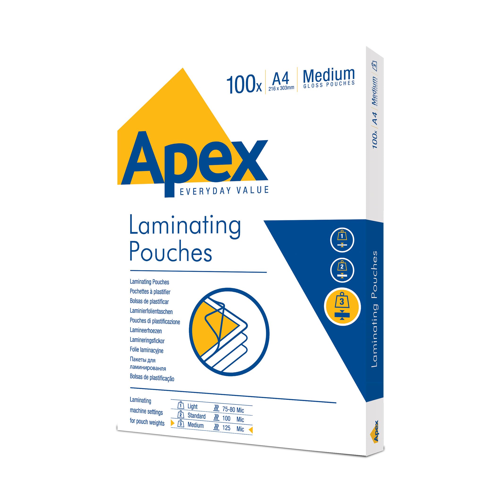 Fellowes Apex A4 Laminating Pouches, Glossy Finish, 100 Sheets - Medium - Ideal for Notices, Photos, Creatives and Everyday Use