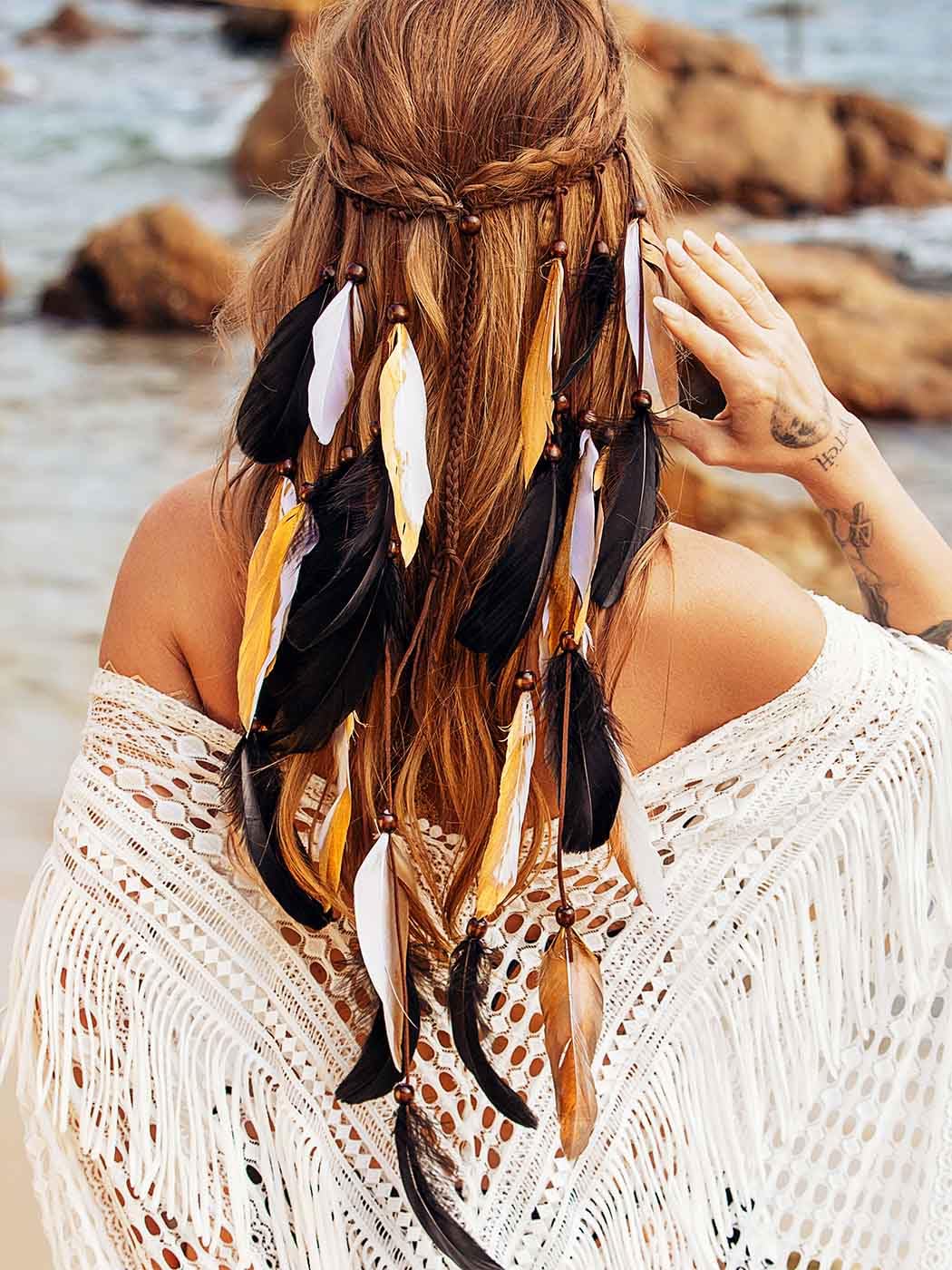 Reaky Feather Headband Black Boho Headpiece Indian Feather Headbands Carnival Hair Accessories for Women