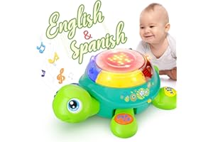 iPlay, iLearn Baby Musical Turtle Toy, Spanish English Bilingual Learning, Toddler Crawling Toys W/ Light & Sound, Infant Development Educational Birthday Gifts 6 7 8 9 10 12 Month 1 Year Old Boy Girl