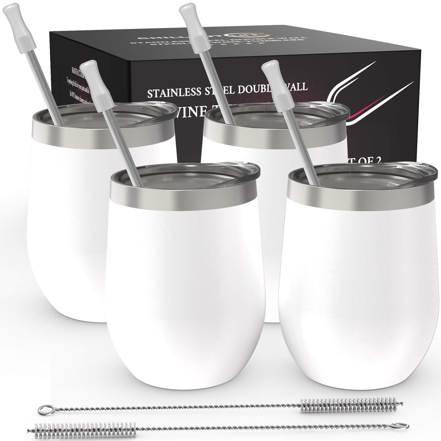 CHILLOUT LIFE Stainless Steel Wine Tumblers 4 Pack 12 oz - Double Wall Vacuum Insulated Wine Cups with Lids and Straws Set for Coffee, Wine, Cocktails - White