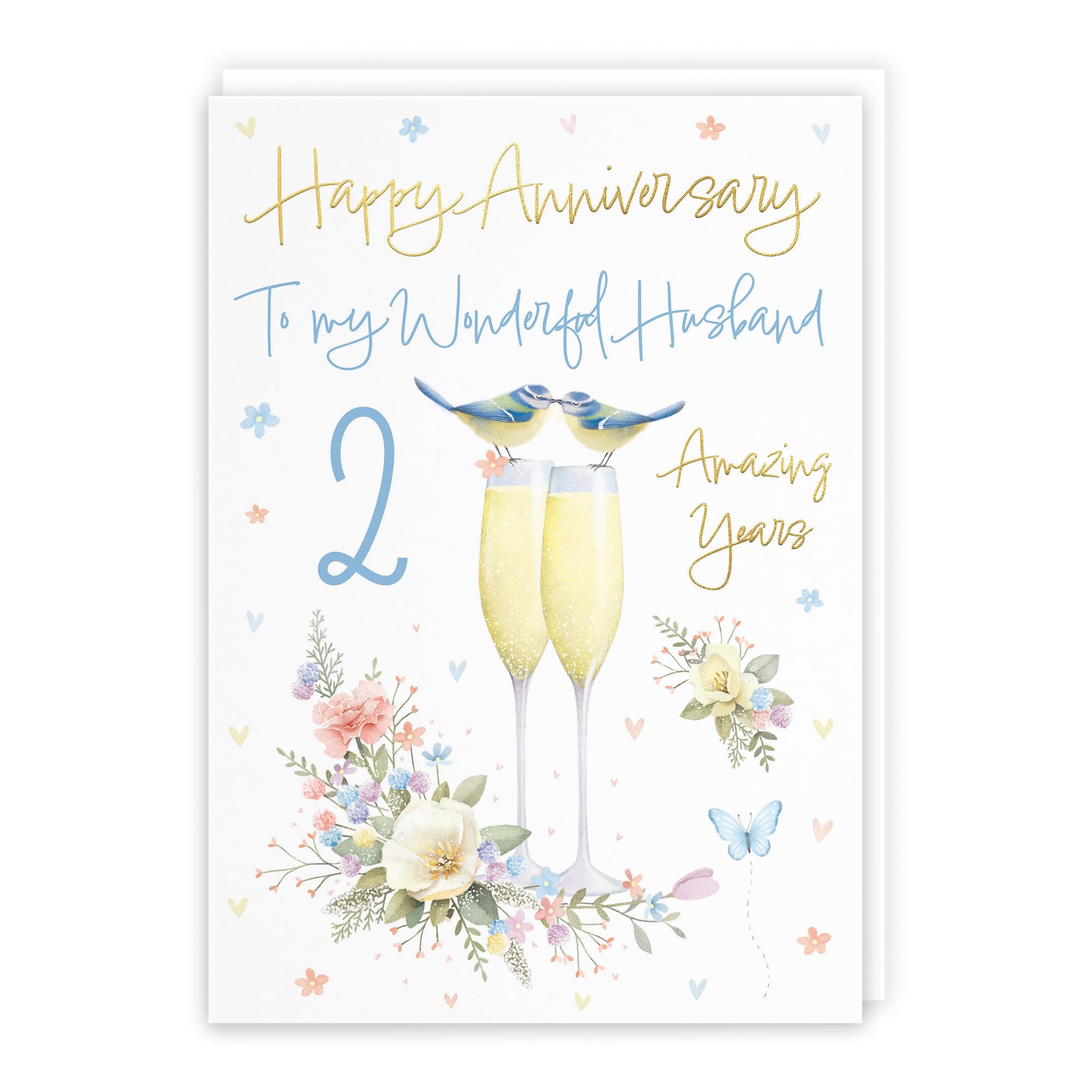 Hunts England - Husband 2nd Anniversary Card - A5 Size - Champagne Flutes - Gold Foil - 2nd Anniversary Card For Husband - Two Years - Second Anniversary - Milo's Gallery