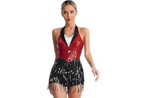 Freebily Women's Modern Dance Costumes Shiny Sequins Sleeveless Latin Jazz Tango Salsa Dance Leotard Bodysuit