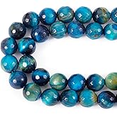 Spritewelry 1 Strands Natural Tiger Eye Beads 8mm Round Faceted Smooth Gemstone Beads Blue Rondelle Loose Polished Chakra Bead for Jewelry Making About 47pcs