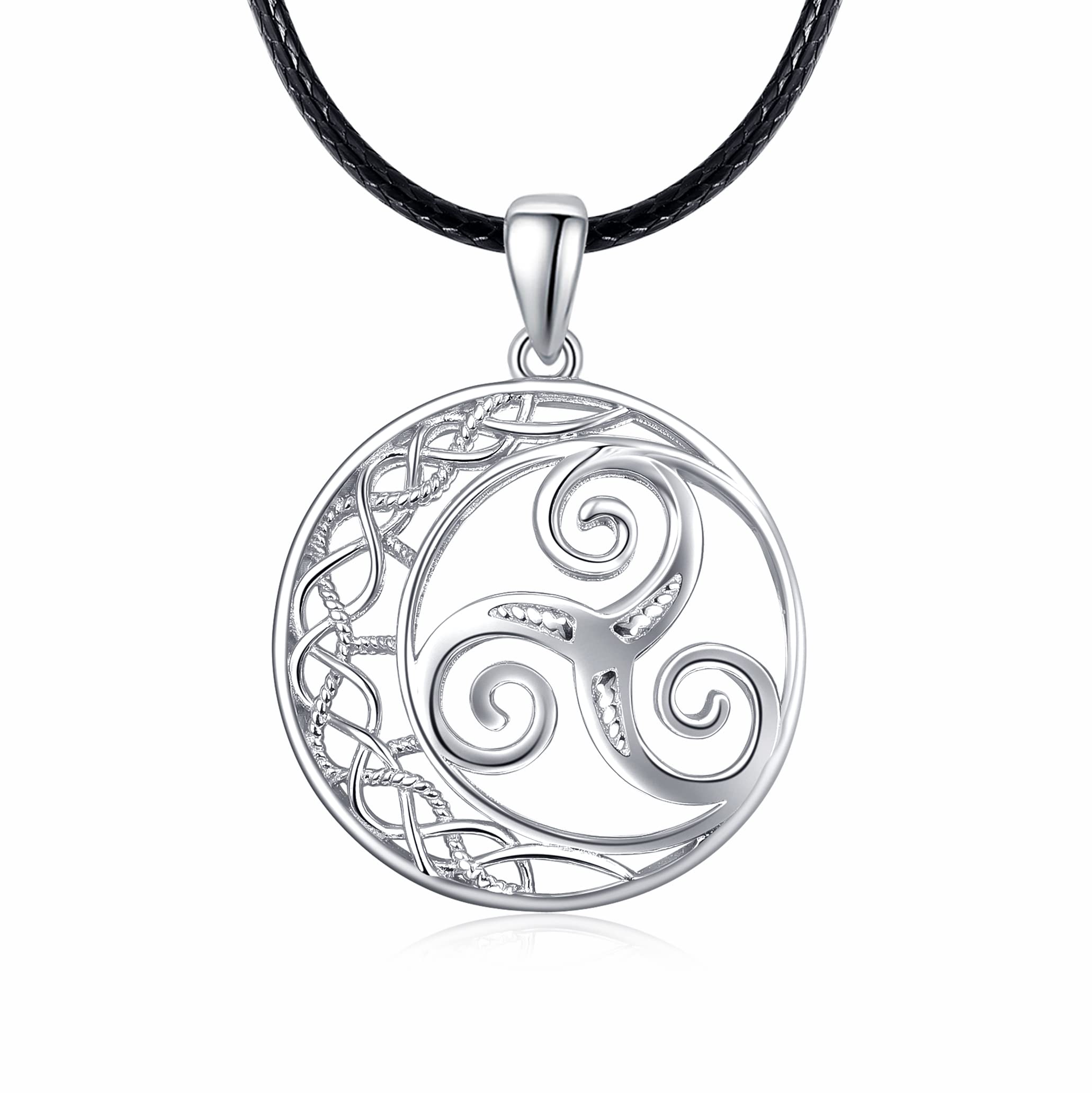 KINGWHYTE Triskele Necklace 925 Sterling Sliver Irish Knot Jewelry for Women Girls with Black Rope 50cm