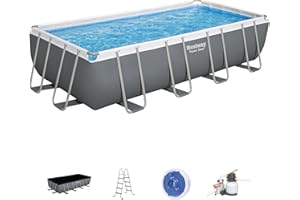 Bestway Power Steel 18' x 9' x 48" Rectangular Metal Frame Above Ground Outdoor Swimming Pool Set with 1,500 GPH Filter Pump, Ladder, and Pool Cover