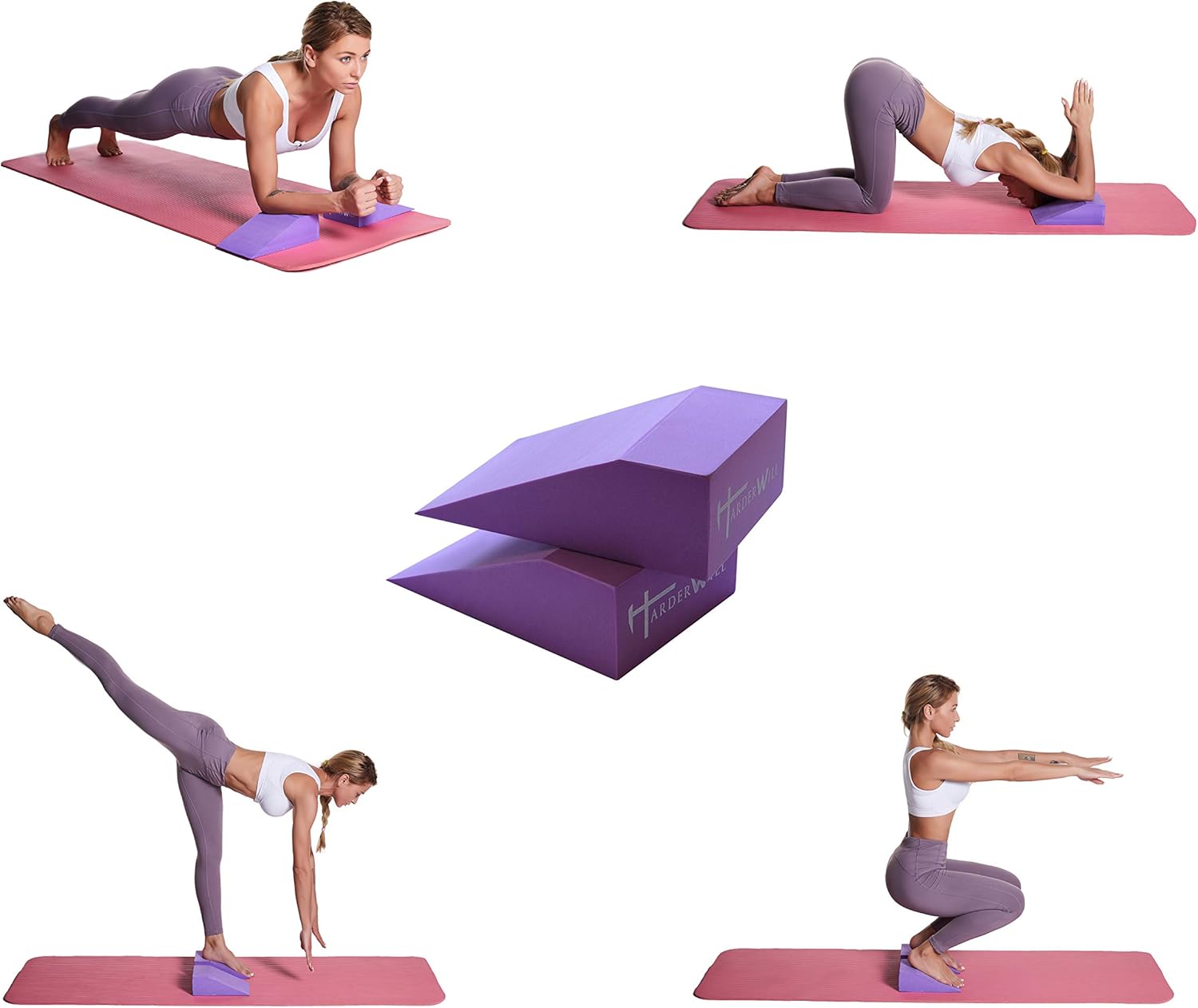 HarderWill 3 in 1 Yoga Foam Wedge Blocks (Pair), Calf Raise Block, Yoga Strap Set, Calf Stretcher, Yoga Wrist Support, Balance, Pushup, Fitness, Pilates, Heel Stretcher, Squat Wedge with Gym Bag : Sports & Outdoors