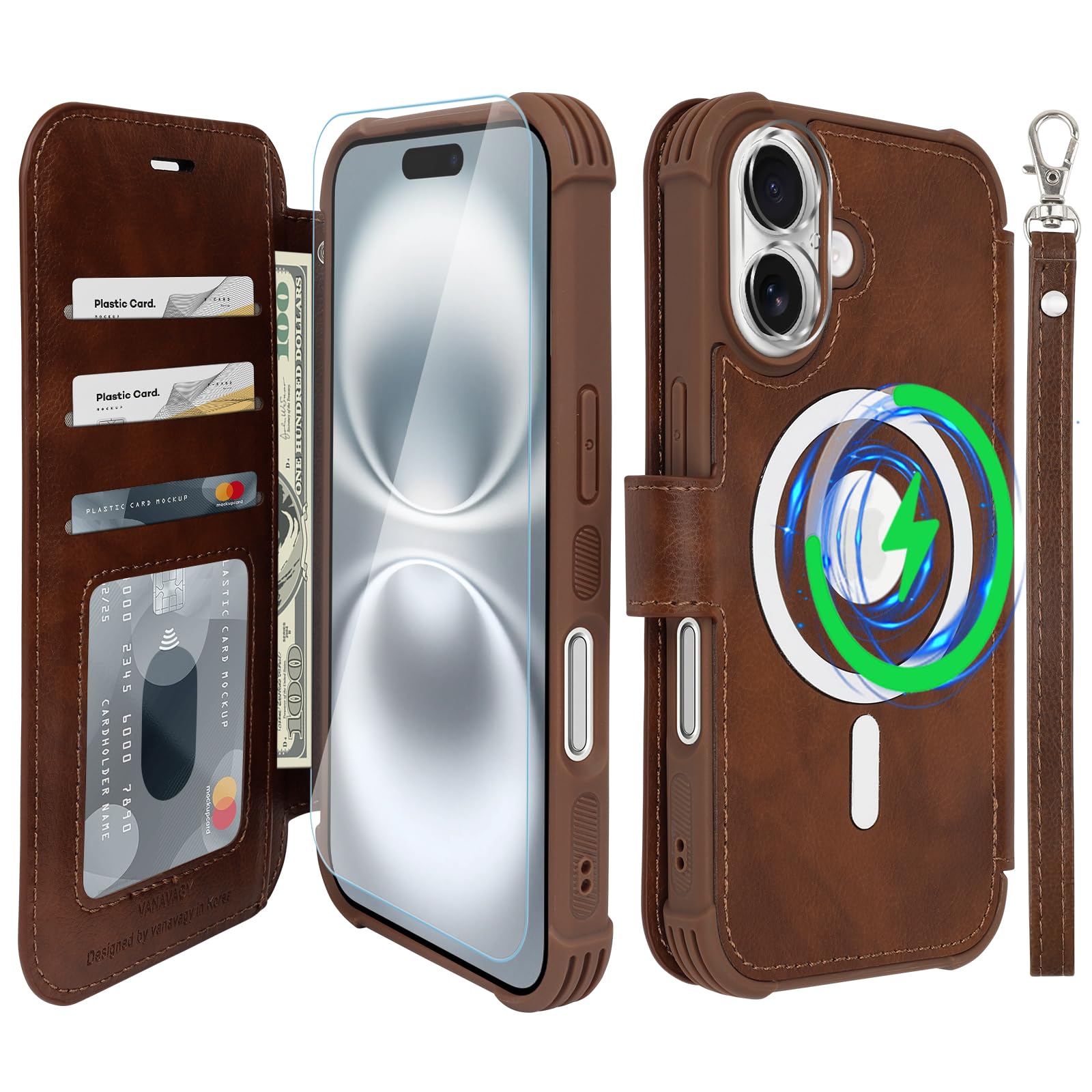 VANAVAGY Compatible for iPhone 16 Plus Wallet Case for Magsafe Wireless Charging,Leather Flip[Glass Screen Protectors and Camera Lens Protectors]with RFID Block Card Holder,Brown