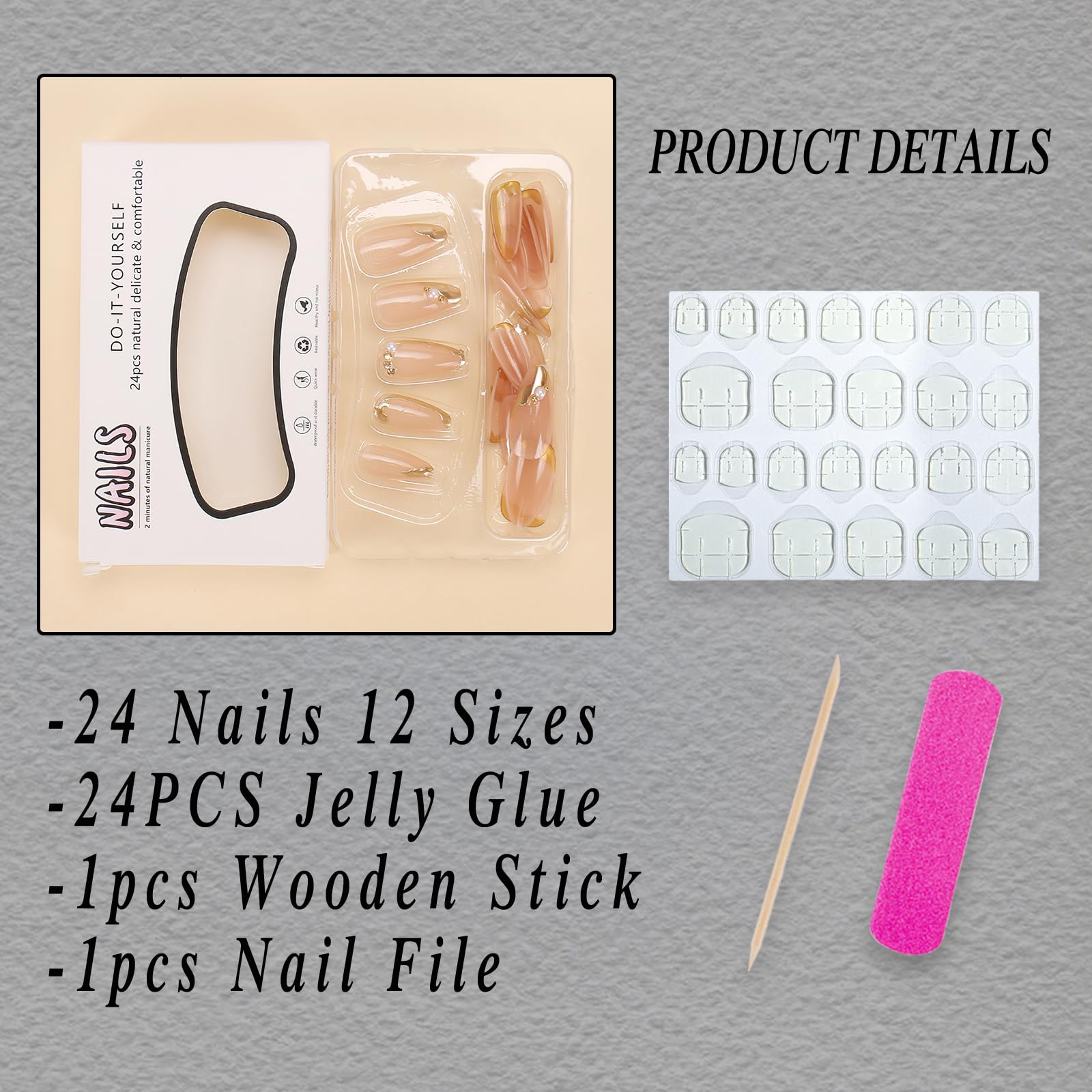 ROFIBUT Gold French Tip Press on Nails Medium Almond Fake Nails with Pearl Designs 3D Gold Edge False Nails Glossy Nude Glue on Nails Acrylic Nails Reusable Stick on Nails for Women Manicure 24Pcs - Image 2