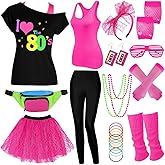 80s Outfit Women Costume Accessories Set, T-Shirt Tank Top Leggings Tutu Skirt Fanny Pack for Halloween, 80s Neon Party