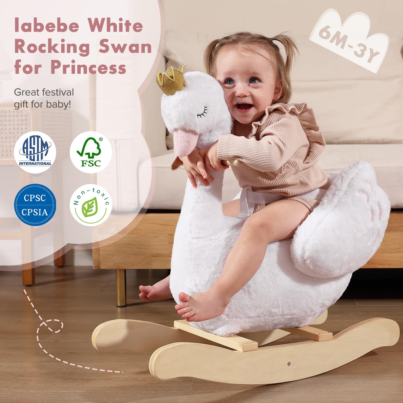 labebe Kids Rocking Horse White Swan, Stuffed Animal Wooden Rocker for Children 6 Months Boys and Girls/Nursery Christmas, Birthday Gift (Rocking Swan)
