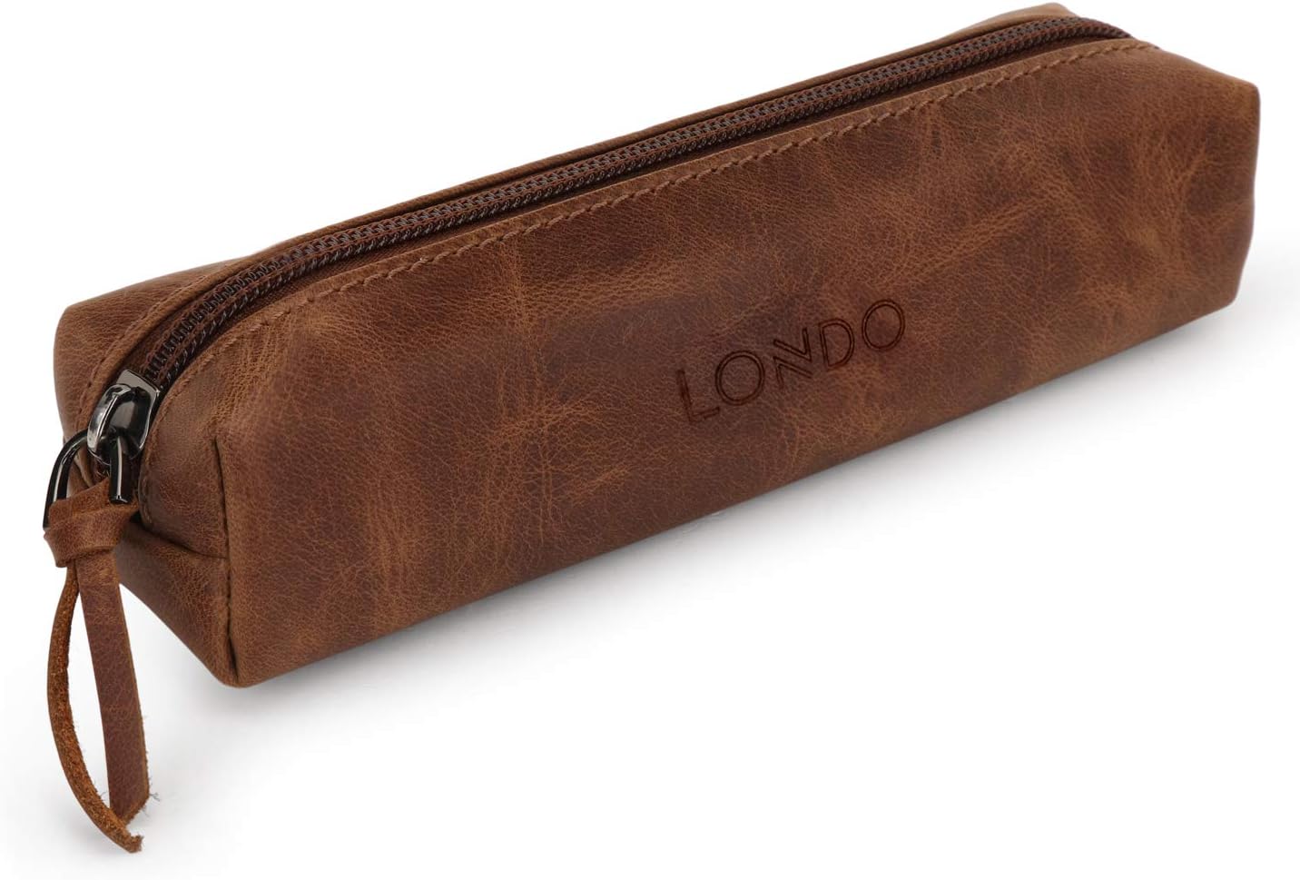 LONDO Genuine Leather Zipper Pen, Pencil & Cosmetic Case - Pouch Stationery Bag, Brown