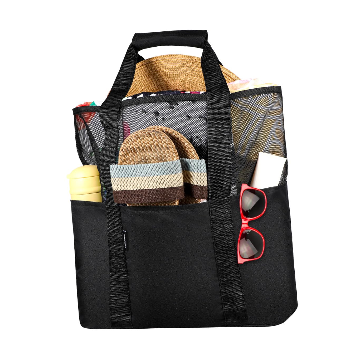 Cabilock Mesh Beach Bag Oversized Tote Toy Bag with 6 Side Pockets Shoulder Strap Lightweight for Grocery Travel Picnic(Black)