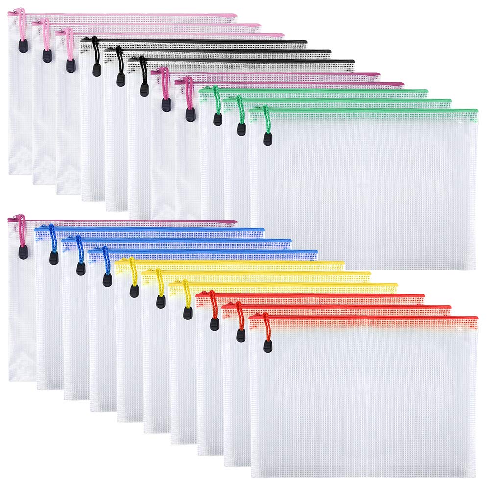 TUPARKA 21 Pcs A5 Zipper Wallet Bags Plastic Mesh Document Wallets for Cosmetics Office Supplies Accessories Mixed Colors