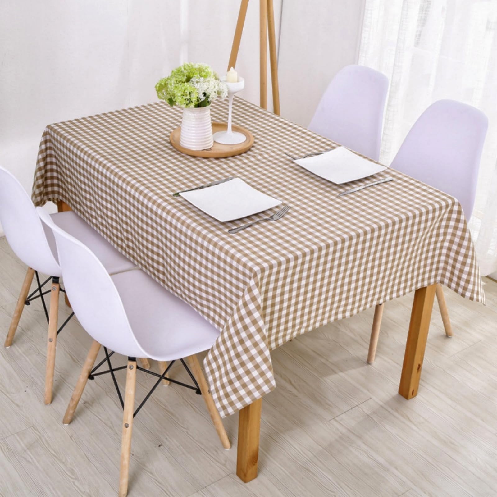Wonhomke Simple Small Plaid Table cloth Polyester Cotton Tablecloth Square Tablecloth Rectangular Party Banquet Dining Table Cover (Light Coffe, 140 * 220CM(55.1 * 86.6in))