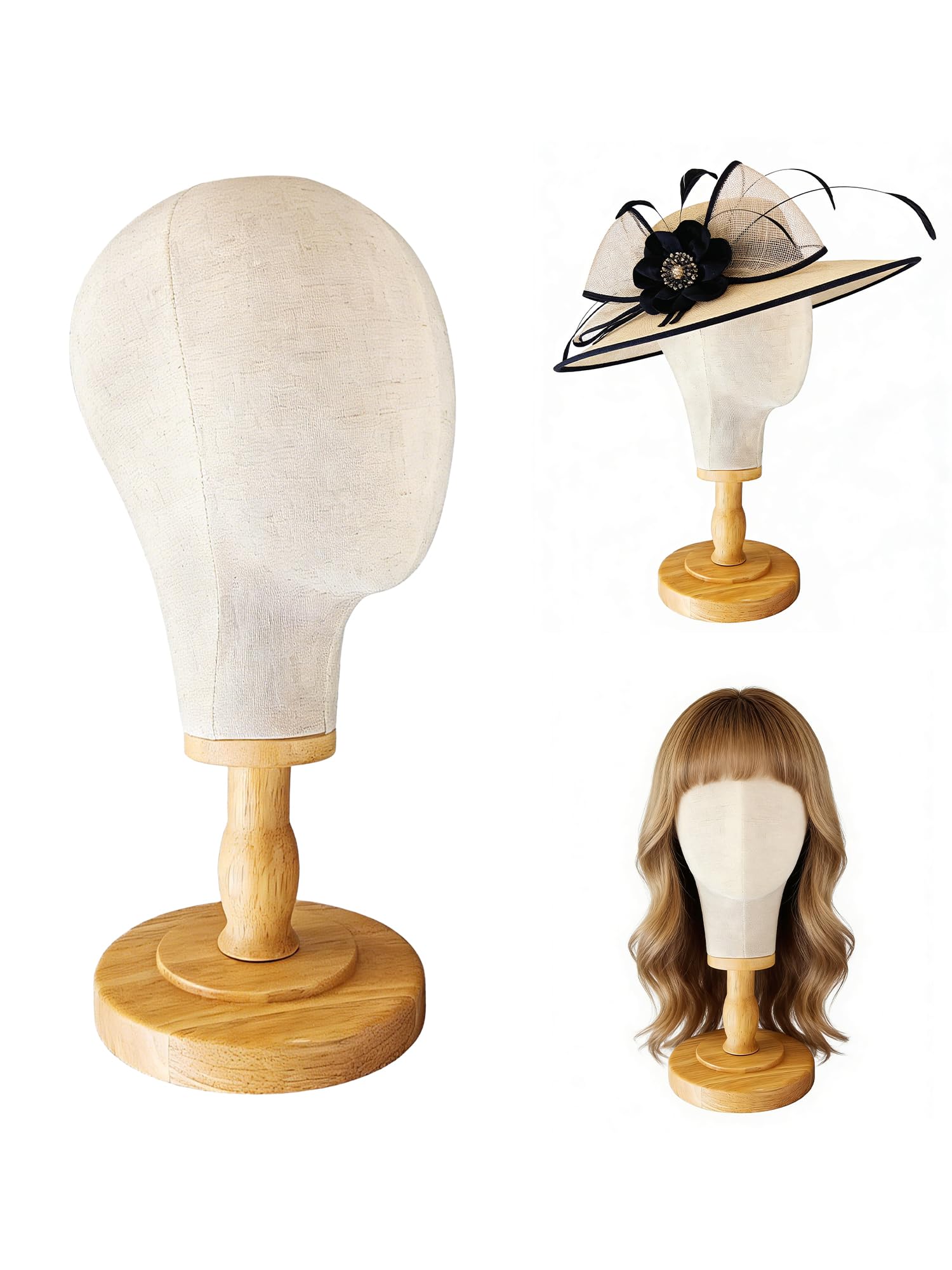 TINGSING 21 Inch Canvas Wig Head Stand Mannequin Head with Detachable Wooden Base for Wig Hat Helmet Display, Unpinnable, Beige