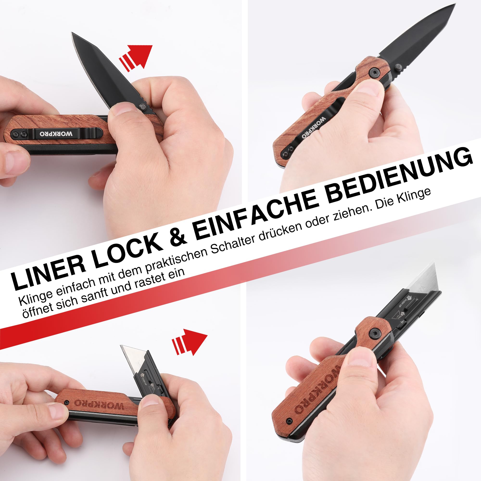 WORKPRO 2-IN-1 Taschenmesser klappbares Universalmesser, Klappmesser aus Aluminium, Faltbares Cuttermesser mit Holzgriff & Gürtelclip, Liner Lock, Schnellwechseln, inkl. 10 zusätzlichen Klingen 6