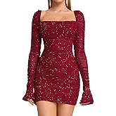 JKMNAO Women Sequin Long Sleeve Mini Dress Bodycon Party Formal Going Out Sparkly Sexy Dresses