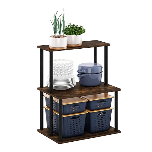 Furinno Turn-N-Tube 3-Tier Toolless Kitchen Storage Shelf, Amber Pine/Black