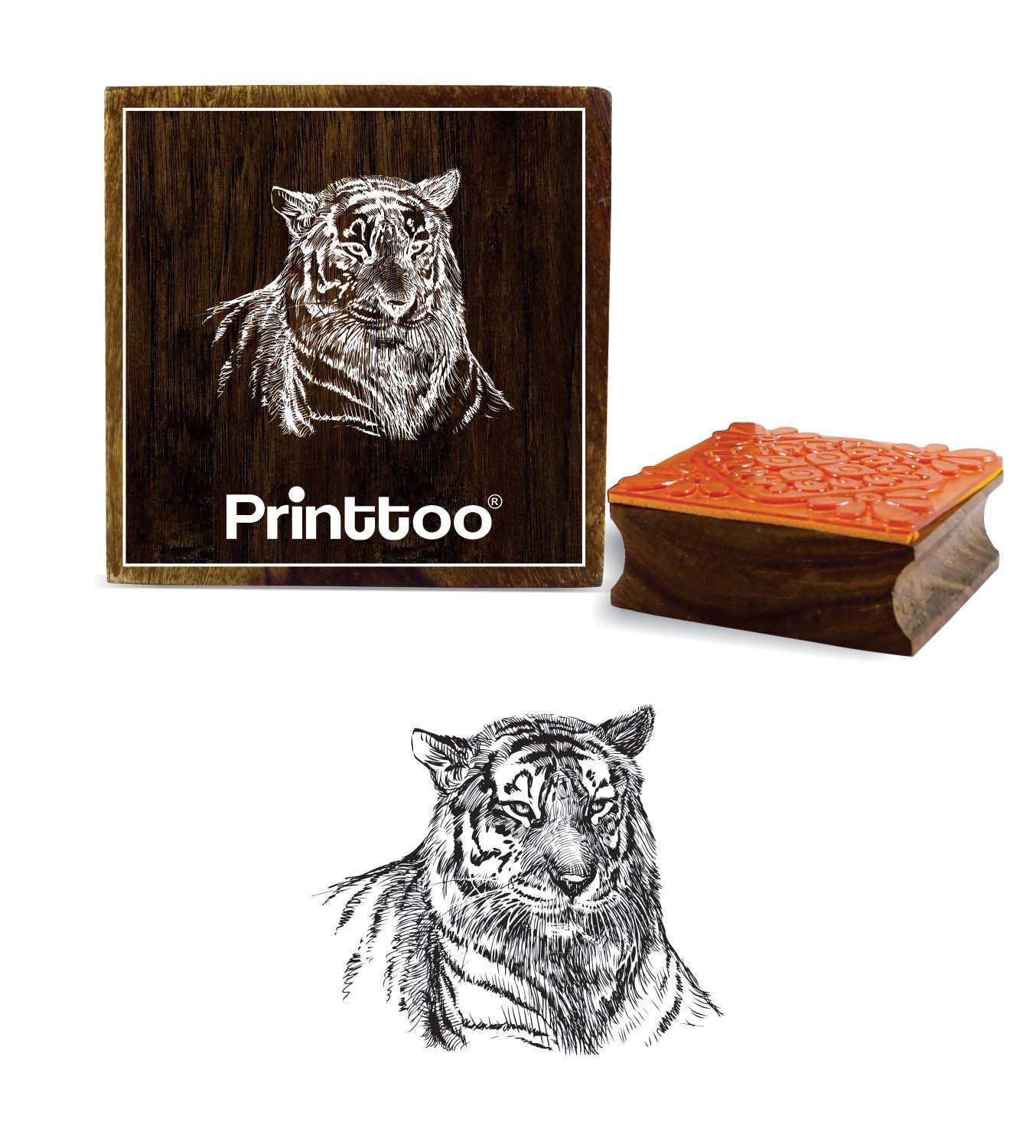 Printtoo Tiger Face Pattern Square Wooden Rubber Stamp Crafting Textile Stamps-3 x 3 Inches
