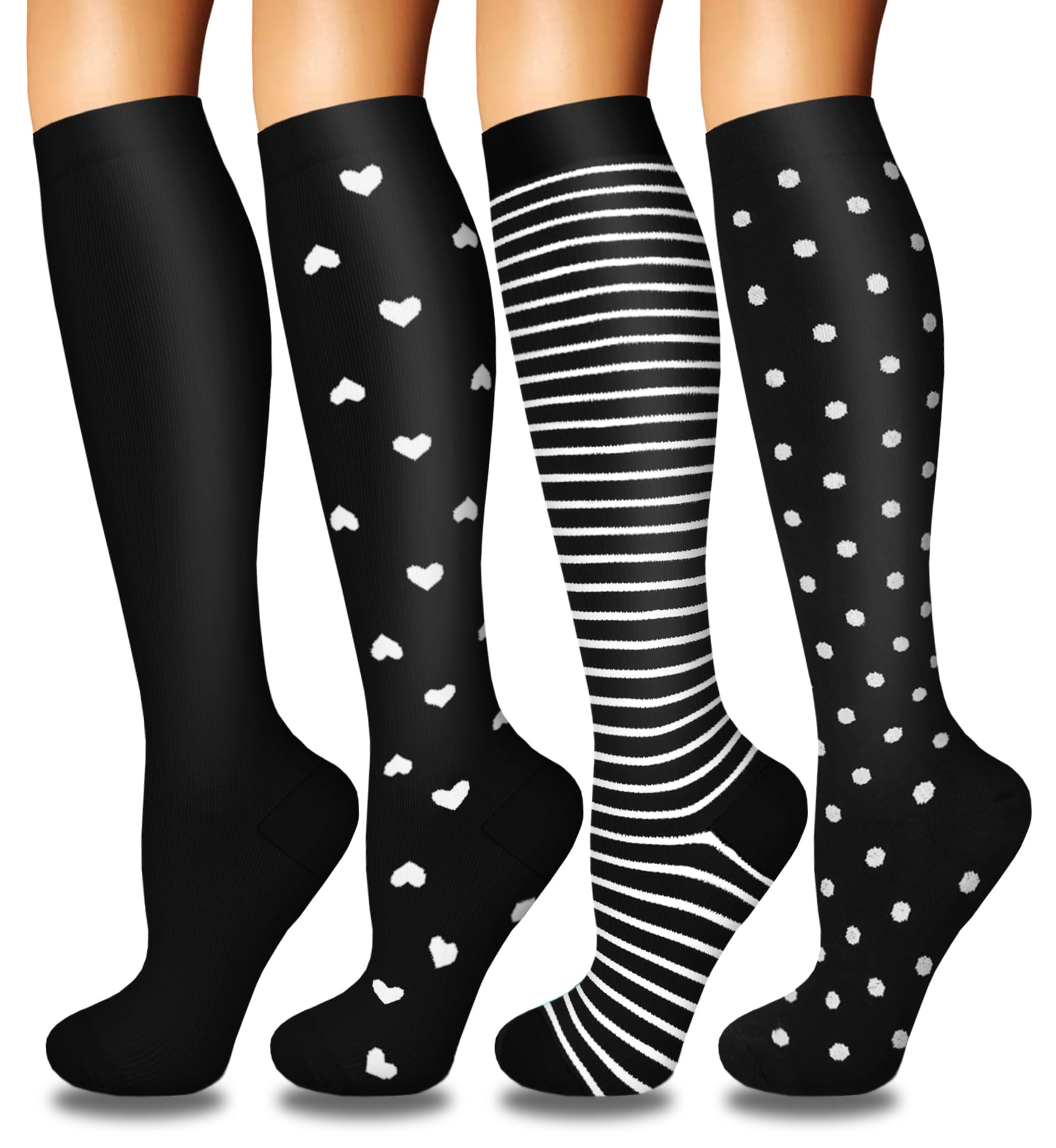 Photo 1 of 4 Pairs Compression Socks for Women Circulation-Best Support for Reduce Heavy Tired Legs and Fatigue, Promote Healthy Blood Flow,Long Day Activities and Exercise Classic Dot Stripes L-XL
