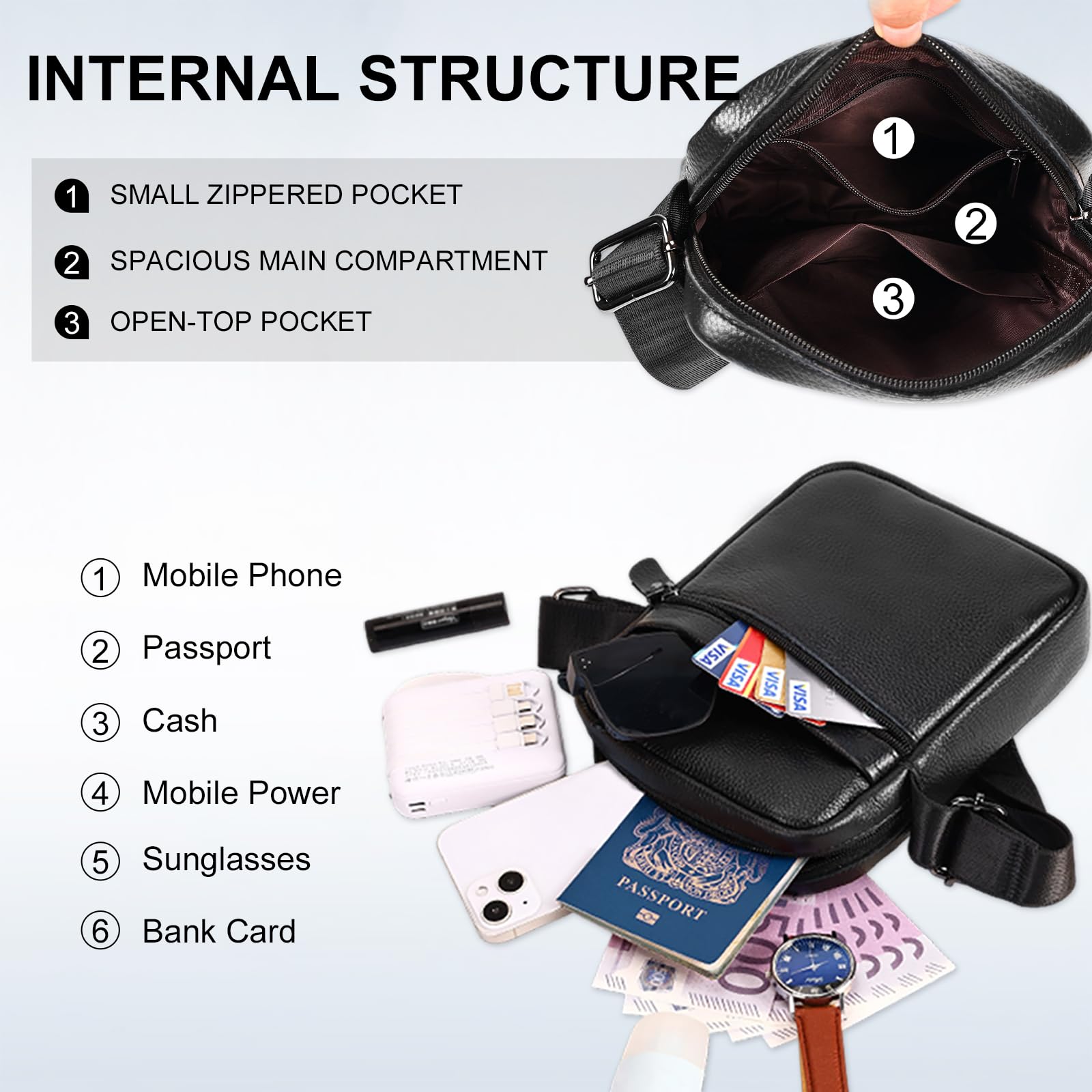 Leathario Men's Crossbody Shoulder Bag, Genuine Leather Small Messenger Satchel for Work Business Travel, Black Side Purse