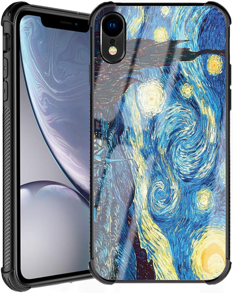 iPhone XR Case [Famous Paiting Series] Funny Cool Flowing Oil Painting Tempered Glass Base Cover and Soft Silicone Bumper Shock Absorption Anti-Slip Case for iPhone XR - Van Gogh's Starry Night