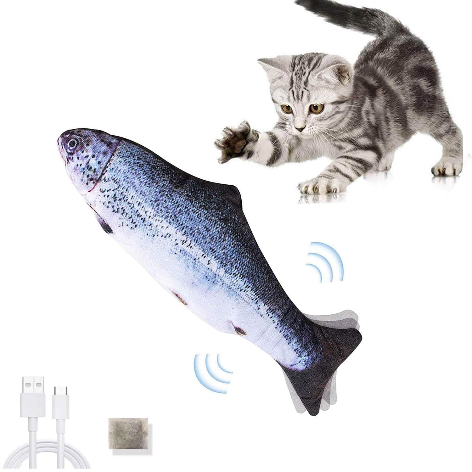 jiuhao Floppy Fish Cat Toy,Electric Fish Cat Catnip Toy,Plush Simulation Fish Cat Toys for Indoor Cats Pets Flopping/Moving Cat Dog Fish Toy Kitten for Pillow Chew Bite Kick Cat Interactive Toy