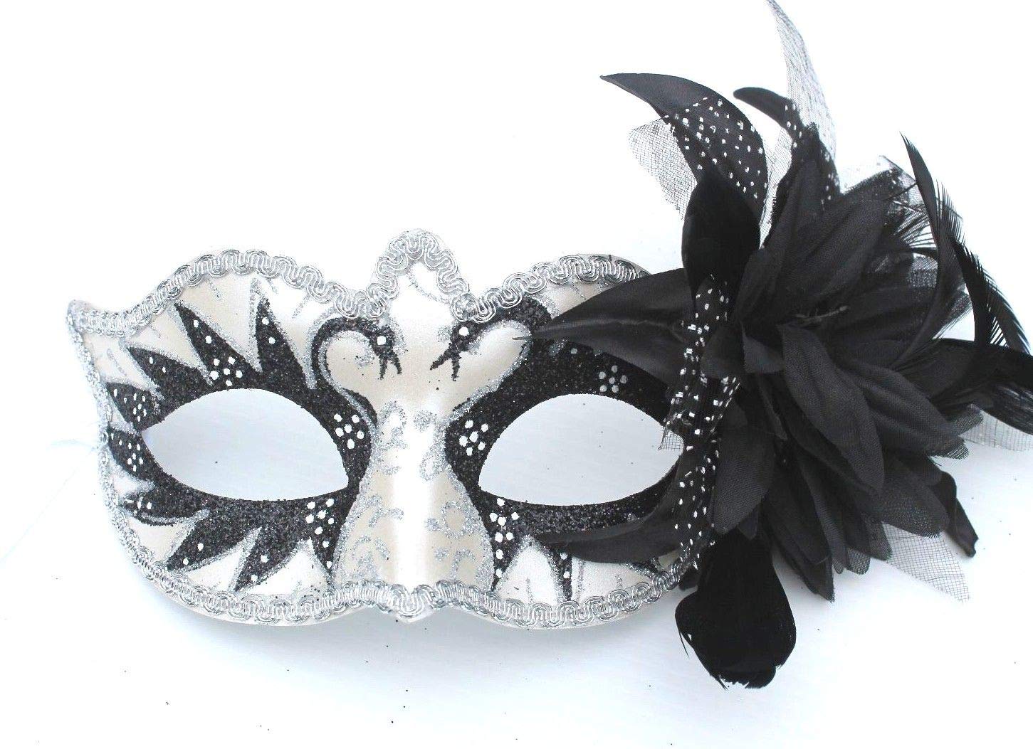 THE GOOD LIFE DIRECT BLACK SILVER & PEARLISED WHITE VENETIAN MASQUERADE PARTY CARNIVAL FACE MASK