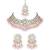 I Jewels Gold Plated Indian Wedding Bollywood Kundan & Pearl Choker Necklace Earring & Maang Tikka Ethnic Jewellery Set for Women (K7232-1)