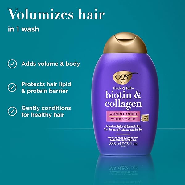 OGX THICK & FULL + BIOTIN & COLLAGEN VOLUMIZING CONDITIONER, NUTRIENT-INFUSED CONDITIONER WITH VITAMIN B7 BIOTIN GIVES HAIR VOLUME & BODY FOR 72+ HOURS, SULFATE-FREE SURFACTANTS, 13 FL. OZ