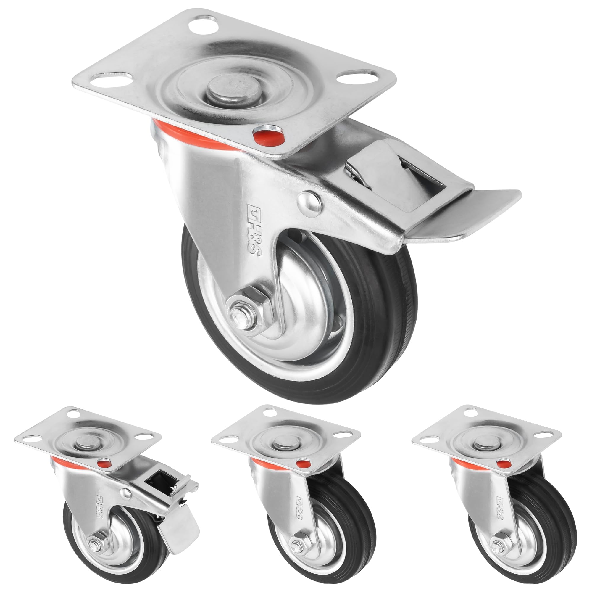 H&S Heavy Duty 75mm (3") Swivel Castors – Set of 4 Rubber Trolley Wheels with Lockable Brakes for Furniture, Appliance, Outdoor or Bed