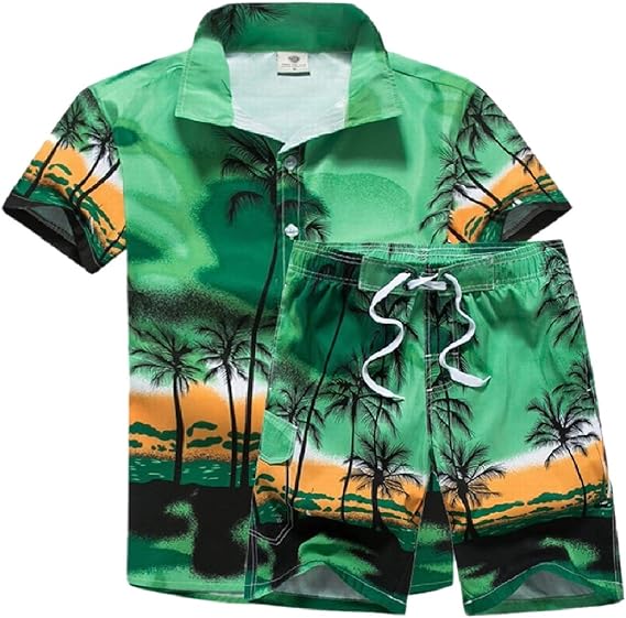 Amazon Co Jp Chenshiba Jp メンズファッションプラスサイズハワイアンボタンダウンtシャツとショーツセット Green S 服 ファッション小物